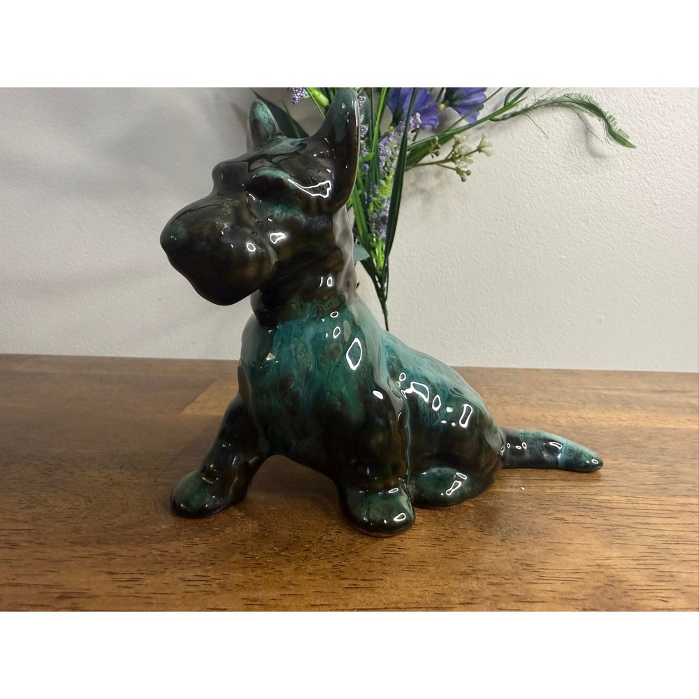 Blue Mountain Pottery Scottie Dog Figurine Green Black Drip Glaze MCM Canada